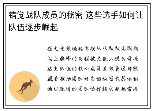 错觉战队成员的秘密 这些选手如何让队伍逐步崛起
